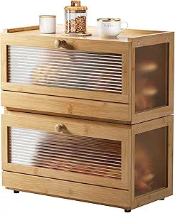 Stackable Bread Box for Kitchen Countertop, 2 Tier Bamboo Bread Storage Container Holder Bin for Baked Goods Snacks Farmhouse Breadbox with Acrylic Window for Pantry Cabinet Cupboard, Natural