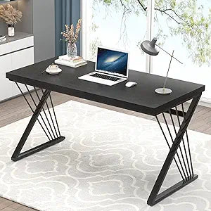 FOLUBAN Black Desk, Modern Wood and Metal Computer Desk for Home Office, Simple Writing Work PC Desks for Bedroom, Industrial Study Gaming Table for Living Room, Black, 53 Inch