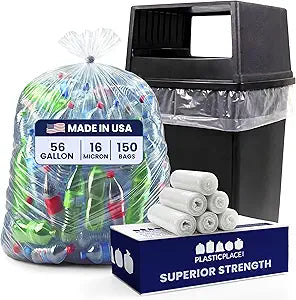 Plasticplace 56 Gallon Trash Bags - Clear High Density Garbage Bags - Heavy Duty, Scent-Free, Large Trash Can Liners for Kitchen, Commercial, & Garden Use 16 Microns, Leak-Proof, 43" x 48" (150 Count)