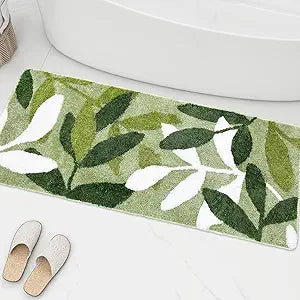Long Bathroom Runner Rug- Sage Green Leaf Bath Mat Strong Water Absorbent Bathroom Mats with Non Slip Back for Wash Basin Bathtub Shower Bedroom Floor 17.5 x 47 in