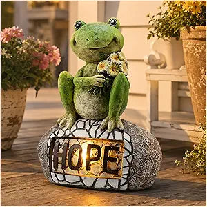 Solar Frog Garden Statue with Hope Sign - Resin Solar Light Outdoor Decor with Flowers, Waterproof 8 Inch Cute Frog Figurine for Yard, Lawn & Patio