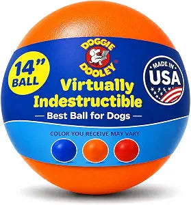 Doggie Dooley Virtually Indestructible Dog Ball - 14 Inch Hard Plastic Interactive Dog Toy for Large Breeds Over 75+ lbs - Built for Herding & Push Play - Floats in Water, Made in USA -Colors May Vary