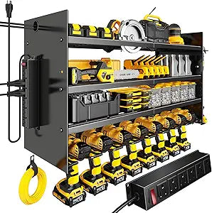 Hipidian Adjustable Power Tool Organizer Wall Mount with Charging Station - 650lb Capacity 4 Layer Heavy Duty Storage Rack with 8 Drill Holders for Garage Workshop Tools, Gifts for Men
