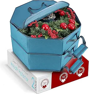 Hearth & Harbor Container-Hard Shell Christmas Bag with Interior Pockets, Dual Zipper and Handles-Premium Wreath Storage Organizer Box, 30", Blue