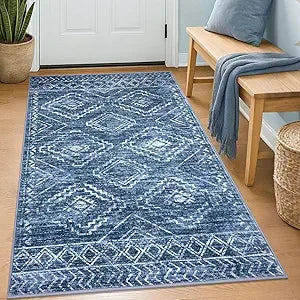 KILOCOCO Boho Entryway Rug 3x5 Area Rug Washable Non Slip Printed Throw Rugs Soft for Kitchen Living Room Dining Bedroom Geometric Moroccan Carpet, Stonewashed Blue