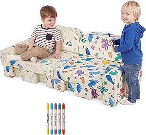 HOMBYS Doodle & Play Modular Kids Couch, 10PCS Toddler Play Couch with DIY Foam Pieces, Washable PU Leather & Animal Patterns, Creative Coloring Gift Set for Ages 2-8, Playroom & Nursery