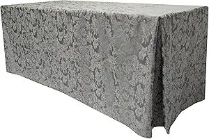Ultimate Textile Miranda 8 ft. Damask Fitted Tablecloth -30" W x 96" L x 36" H- Pewter Grey