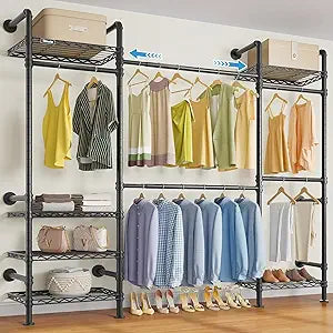 Timate F3 Medium Wall Mounted Clothes rack Expandable Closet, Industrial Pipe Clothing Rack for Hanging Clothes, Heavy Duty Clothes Rack with Shelves, Garment Rack Wall Closet System Black Pipe Closet