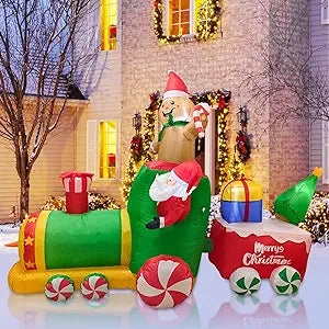 8.5FT Inflatable Christmas, Santa Claus Driving Train Xmas Inflatables Outdoor Decorations for Yard Garden Patio Lawn, Built-in White LEDs Christmas Blow Up Yard Decorations