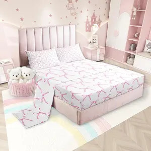 Cartoon Bowknot Kids Sheet Full Size,Pink Bow Tie Butterfly Knot Princess Bedding Set,Girls Women Room Decor,Watercolor Bow Patchwork Pink White Bed Sheet Set 4pcs(Fitted + Flat + 2 Pillowcases)
