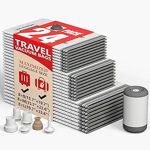 24 Pack Space Saver Vacuum Storage Bags for Clothes Travel, Space Saver Vacuum Seal Bags with Electric Pump for Travel Essentials,Luggage,Moving Packing Supplies,Back to School,Business Trip