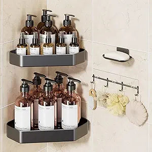 Veken Aluminum Corner Shower Caddy 4-Pack, Never Rust, No Drilling Adhesive Shelves, Stainless Rack with Soap Holder, Large Capacity Bathroom Organizers and Storage, Wall-Mounted Kitchen & Home Decor