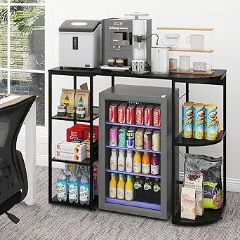 PUNCIA Mini Fridge Stand with Power Outlet, Coffee Bar Cabinet with Refrigerator Space, Microwave Oven Stand & Utility Storage Shelf for Kitchen, Dorm, Apartment & Break Room (Black)