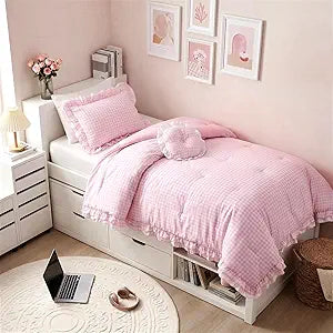 Intelligent Design Rowena Twin Comforter Set  Blush Pink Gingham Ruffled Bedding, Vintage Farmhouse Style, Reversible All Season 3-Piece Bedding Set, Twin/Twin XL, Gift for Her