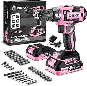 Power Drill Cordless: DEKOPRO 20V Electric Drills with 3/8-Inch Keyless Chuck, Variable Speed, Power Cordless Drill Set Tool with 2 Batteries, Charger&30 Accessories(Pink)