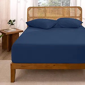 Bare Home 100% Organic Cotton Jersey Fitted Sheet - Twin XL Size - Ultra Soft - Deep Pocket Fitted Sheet - 100% Cotton - Ring Spun Yarns (Twin XL, Dark Blue)