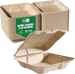 Turbo Bee 100 Pack 8x8inch Natural Take Out Containers with Lids, Large Disposable Clamshell Food Containers for Full Meals, Food Truck, BBQ, Catering & Meal Prep Natural