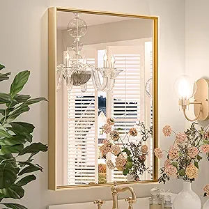 Keonjinn Gold Bathroom Mirror for Over Sink 22 x 30 Brushed Gold Rectangular Wall Mounted Mirror Metal Frame Rectangle Modern Farmhouse Mirror Modern Square Corner Framed Mirror(Horizontal/Vertical)