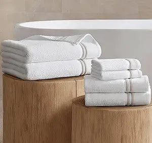 Madison Park 6 Piece Bath Towel Set 600 GSM, 100% Cotton Terry, Highly Absorbent Quick Dry Bathroom Towels with Hotel Style Border, Soft Plush Bath Hand Washcloth Set, Beige