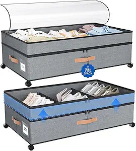Storage Box,Under Bed Storage with Wheels 72L XXL Under the Bed Storage Containers Large, 10 Tall Adjustable Storage for Underbed with Lids, Rolling for Shoes, Clothes, Blankets, Grey