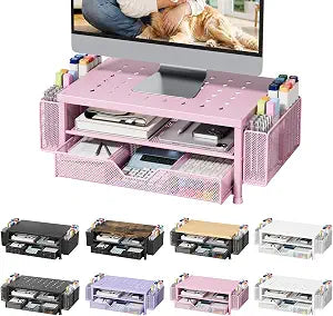 Monitor Stand Riser with Mesh Drawer and 2 Pen Holders, Pink Star Vent Top