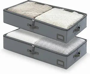 6" Versatile Under Bed Storage Bins (2-Pack, Charcoal Grey), Sturdy 600D Oxford Fabric Clothes Organizer Containers with Matching Vegan Leather Handles for Sweaters, Linens & Bedding