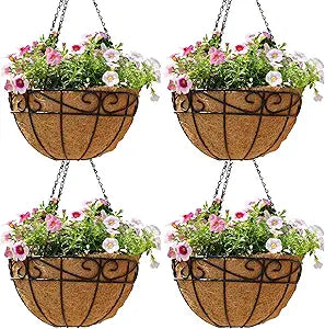 14 Inch Hanging Planters (4 Pack) - Round Metal Baskets with Cocoa Liners for Indoor/Outdoor Gardens, Porch & Patio DecorHB