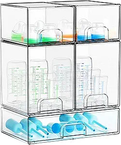 Yieach 5 Set Clear Baby Bottle Organizer for Countertop,BPA FREE Bottle Station Organizer for Breast Pump Parts,Pacifier and Baby Accessories,Stackable Drawers for Bathroom,Cabinet,Pantry Organization