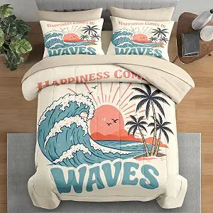 Pamnest Comforter Set Twin Size, Summer Beach Surf 5 Pcs Bedding for Kids and Adults, Vintage Board Palm Bed Sheet Sets with Fitted Sheet Pillowcase & Sham for Bedroom Bed Decor
