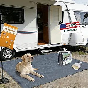 Awning Carpet HDPE Outdoor RV Rug,Blue-Grey 8'*20' Waterproof Camping Rugs with Eyelets/Broom/Carry Bag/Nails,Highly Robust & Washable,Large Outdoor Area Mat for Patio/Backyard/Picnic/Beach