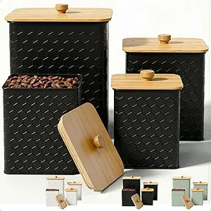 Kitchen Canisters for Countertop Set of 4 - Textured Iron Kitchen Canisters with Airtight Lids - Flour Sugar Canister Set - Flour and Sugar Containers Farmhouse - Coffee Jar for Counter - Black Jar x4