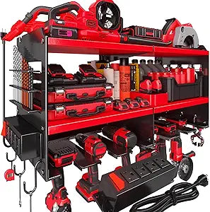 Spampur Fathers Day Gift  Power Tool Organizer Wall Mount with Charging Station, 420 lb Capacity 3-Tier Storage Rack Holds 6 Drills, Side Slots for Screwdrivers & Bits, Garage Storage for Men Gifts
