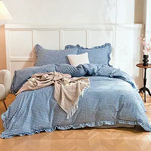 100% Cotton Ruffle Gingham Duvet Cover Blue White Classic Checkered Soft Breathable Vintage 3 Piece Bedding Set with Pillowcases for All Season King Size 104"x90" (Comforter Not Included)