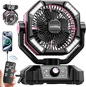 coldSky ≡≡≡≡≡≡║≡≡╡ Camping Fan with Dual Motor, Battery Operated Fan with 4 LED Lantern, 8 Speeds Desk Fan with Remote, Portable Outdoor Fan with Hook for Tent, Power Outages, Jobsite (Pink)