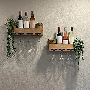 Novabright 2 Pack Wall Mounted Wine Rack, 15.7 x 8.66 Inch Rustic Farmhouse Pine Wood Wine Glass Holder Floating Bar Shelves Liquor Bottle for Home Bar Kitchen Dining Room, Pre-Assembled