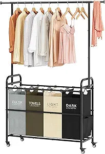 Tajsoon Laundry Sorter Cart with Hanging Clothes Rack, 4 Butler Sorter Basket Organizer, Laundry Hamper Cart with Heavy Duty Rolling Lockable Wheels, 4 Colors