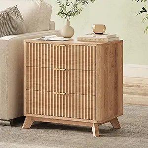 24" Tall Fluted Nightstand,3 Drawers End Table with Metal Handle,Modern Side Table with Storage,Night Stand Wood Bedside Tables for Bedroom,Curved Profile Design,Natural Oak