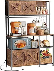 Huuger Large Bakers Rack with Power Outlet, Kitchen Microwave Stand with Cabinets, Coffee Bar Table Station with Storage, 6 S-Shaped Hooks, Mesh Shelves, 45 Inch Wooden Top, Rustic Brown
