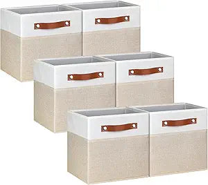 11 Inch Cube Storage Bin - 6 Pack - Linen Fabric 11x11 Cube Storage Bins for Bedroom, Living Room, Clothes and Toys; Foldable, Dual Leather Handles