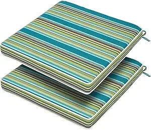 FUNHOME Outdoor Chair Cushions 18"x18"x2.5" Set of 2,Water Resistant Patio Chair Cushion with Zipper&Ties,18x18 Inch Replacement Square Seat Cushion for Garden Chairs(Green Stripe)