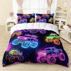 AILONEN Monster Truck Duvet Cover Set Twin Size,Cartoon Neon Truck Kids Bedding Set 3-Piece,Galaxy Themed Colorful Comforter Cover with 2 Pillowcases
