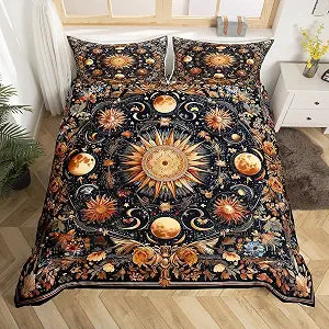 Sun and Moon Comforter Cover for Kids Boys Girls Mysterious Starry Galaxy Duvet Cover Set Retro Flowers Plant Bedding Set Black Gold Orange Quilt Covers Queen Size with 2 Pillowcases(No Comforter)