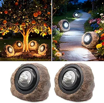 Solar Rock Lights Outdoor,2 Pack IP65 Waterproof LED Solar Brown Garden Stone Spotlights,Warm White & Cool White Switchable,Auto On/Off Landscape Lights for Pathway Walkway Yard Patio