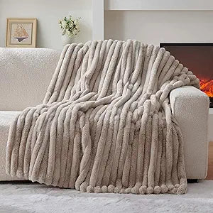 Lotus Karen Faux Fur Twin Blanket for Couch, Cozy Soft Fluffy Fuzzy Linen Blanket, Striped Warm Thick Furry Plush Shaggy Small Blankets for Women, 60x80 Inches
