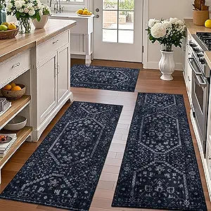 Kitchen Rug Sets of 3, Navy Boho Washable Non Slip Kitchen Mats for Floor Soft Runner Throw Rugs for Hallway Bathroom Laundry Front of Sink
