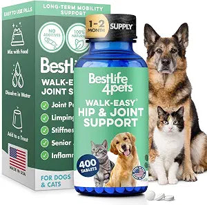 Walk-Easy Cat & Dog Pain Relief & Mobility Aid  Natural Hip & Joint Support for Injured or Senior Pets  Gentle Pain Reliever for Limping and ACL Tears  400 Tiny Pills
