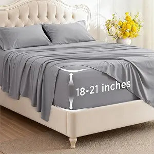 Bedsure Deep Pocket California King Sheet Sets - Fits Mattresses Up to 21 Inches Thick - 4 Piece Bed Sheets, Moisture Wicking, Soft & Cooling Bedsheet & Pillowcases, Easy & Secure Fit, Light Grey