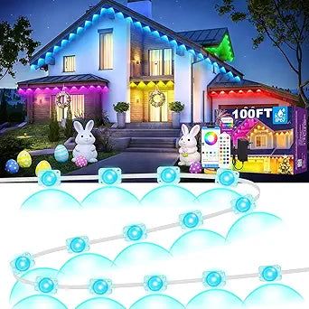 MUCCCUTE Permanent Outdoor Lights for Holidays Easter 100ft RGB House Light w/App & Remote Control Smart Rainbow LED IP67 Waterproof for New Year Christmas Roof Eaves Garden Dcor All Year Around