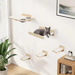 Space-Saving Cat Wall Shelves  Interactive Cat Wall Climber with Hammock & Dog Proof Feeding Station for Small & Medium Indoor Breeds  Solid Natural Wood with Beige Carpet