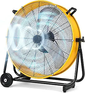 24 Inch High Velocity Floor Fan, 8800 CFM Industrial Drum Fan with 360 Degree Tilt and Wheels, Heavy Duty 3-Speed Shop Fan for Garage, Warehouse, Factory and Basement, UL Listed, Yellow